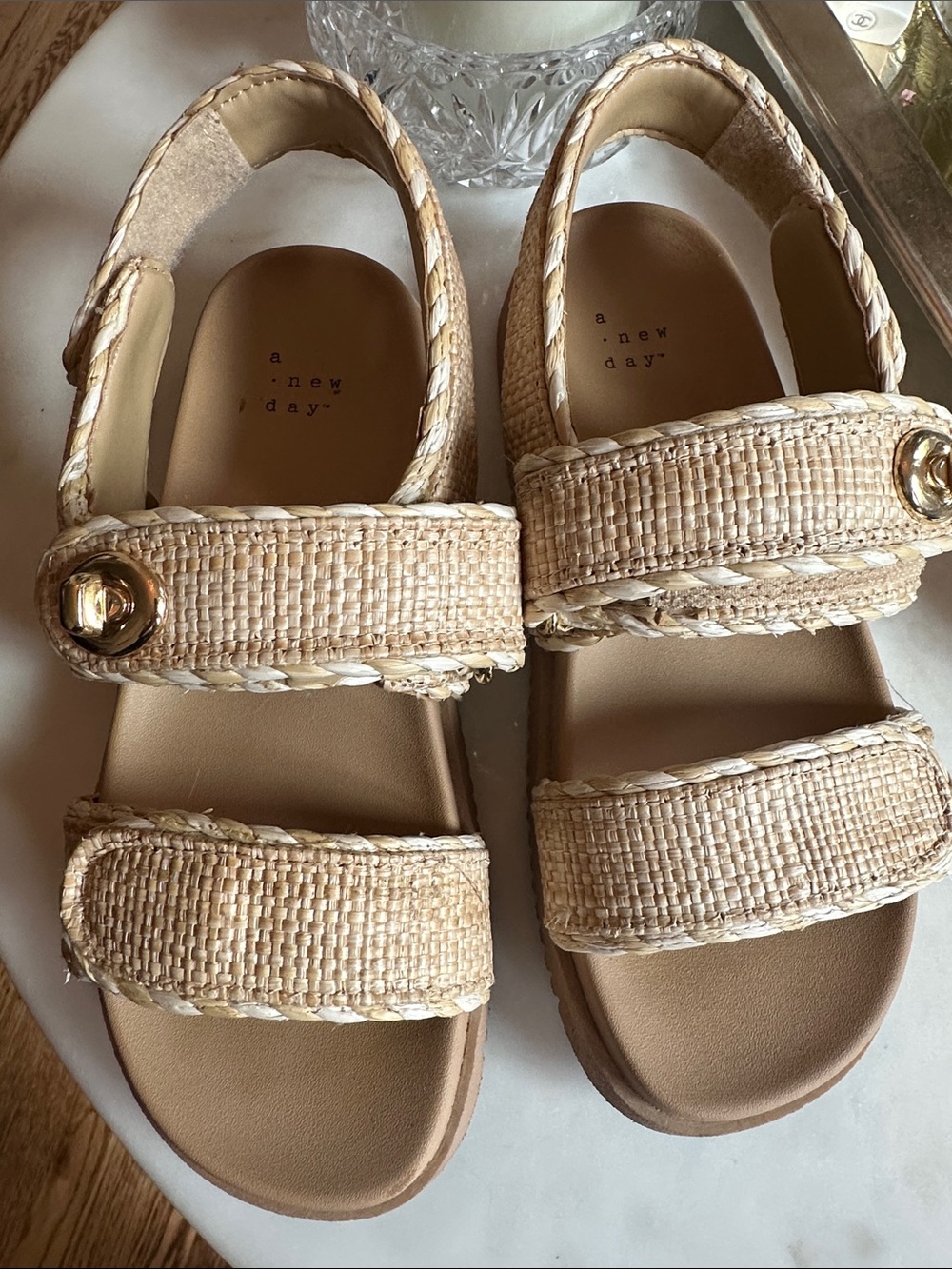 a new day  Beige Braided Strap Sandals with Gold Accent